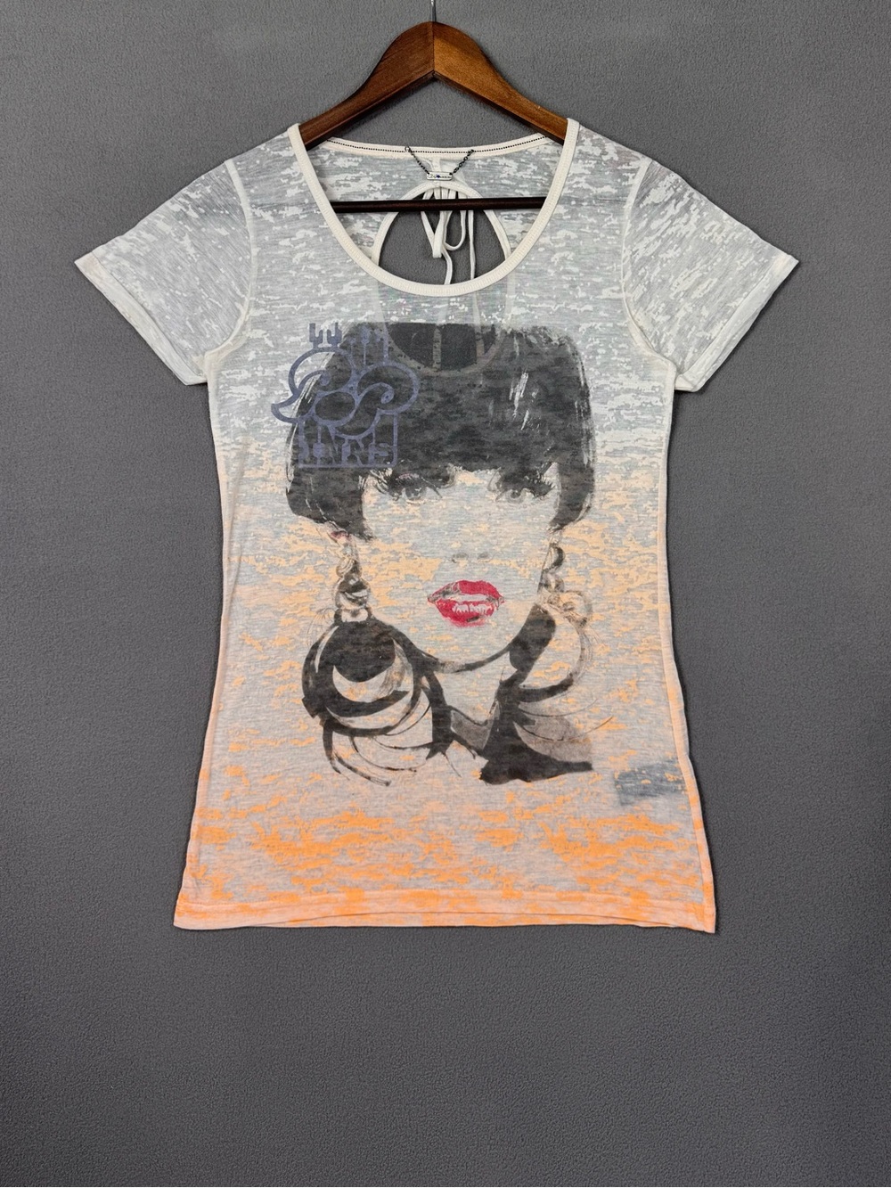 Y2K Vintage Custo Barcelona White and Orange Sheer Tee w/ Graphic Face